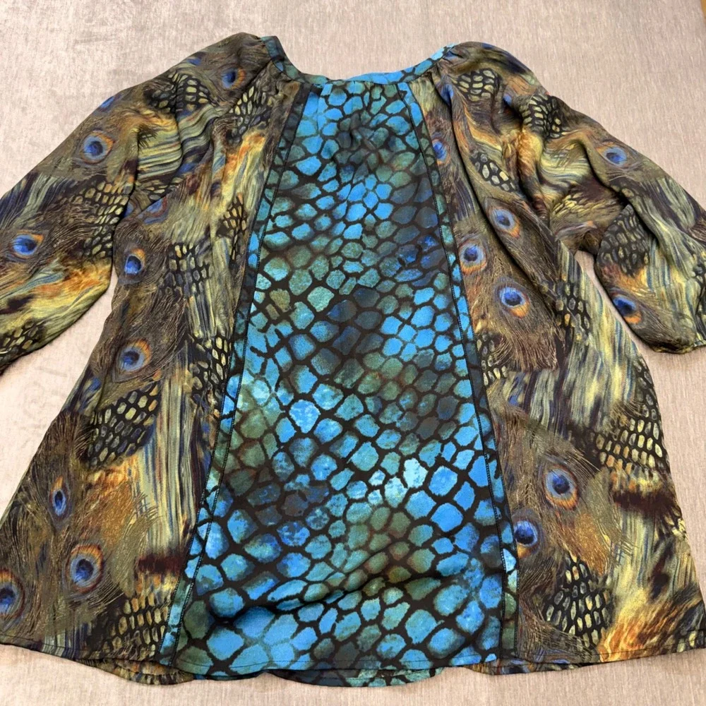 Peacock Print Mixed-Pattern Women's Top - Blue/Green - Picture 3 of 4